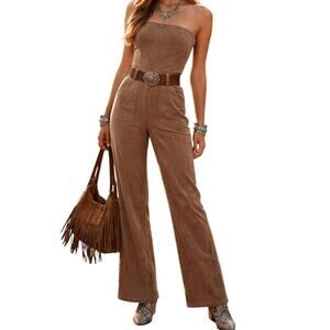 Womens Western Strapless Wide Leg Jumpsuit Small Tan Cowgirl Ranch Earthy Boho